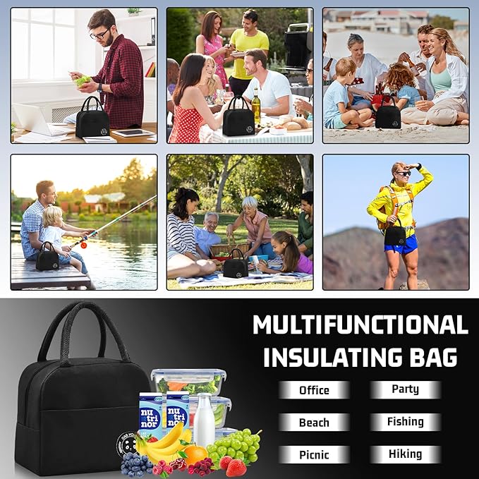 Insulated Lunch Bag for Men Women, Small Portable Reusable Lunch Cooler Tote Bag, Leakproof Thermal Lunch Box for Work Picnic Travel, Black