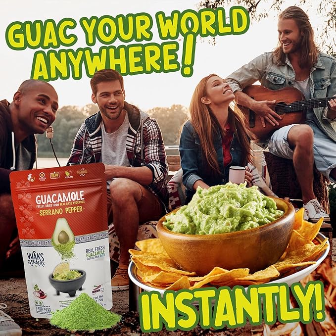 WAKS & SNACKS Freeze Dried Guacamole Serrano Pepper Mix | 100% Fresh Hass Avocados, Perfect for Chips | Energizes Camping & Hiking Meals | Vegan, Gluten-Free Guac Dip | 2 Avocados | 2 oz, 1 Pack