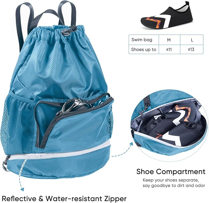 Swim Essentials Beach Gym Bag - Drawstring Backpack with Shoes Compartment and Waterproof Pocket for Kids, Men - Workout Bag
