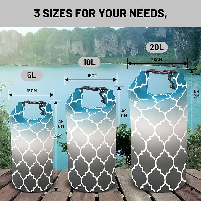 Waterproof Dry Bag,Roll Top Retro Teal Moroccan Geometric Waterproof Backpack 5L/10L/20L Floating and Lightweight Bags for Kayaking, Boating, Fishing, Swimming and Camping