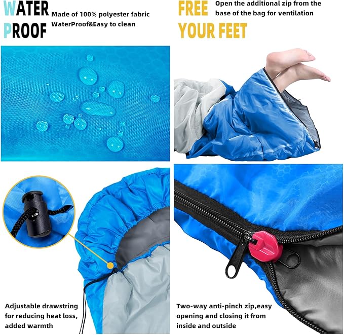 Sleeping Bag for Adults, Girls, Boys - 3 Season Warm & Cool Weather Lightweight Waterproof Camping Bag for Hiking, Outdoor Travel