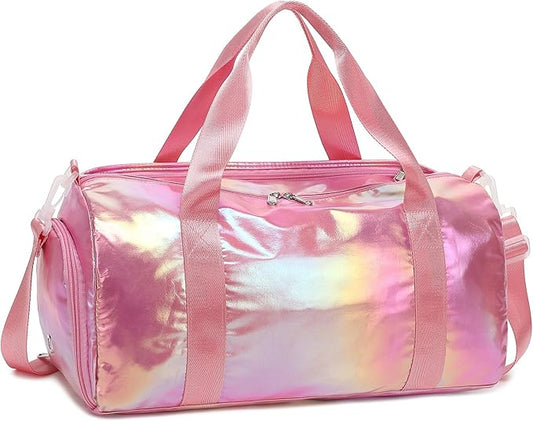 Gym Bag Sports Duffle Bag with Wet Pocket Weekender Overnight Bag with Waterproof Shoe Pouch and Air Hole for Girls Kids Women Travel Foldable Bag