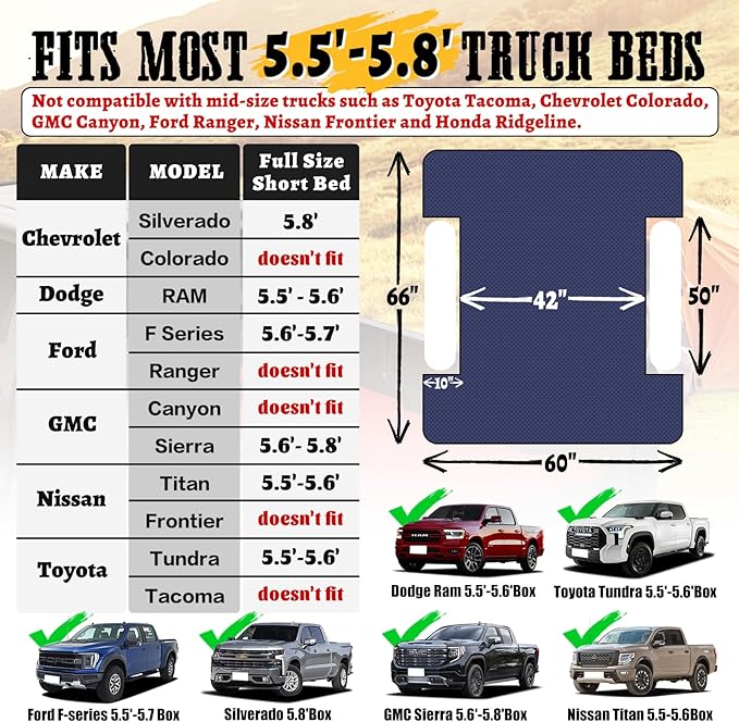 Umbrauto Truck Bed Air Mattress for 5.5'-5.8' Full Size Short Truck Beds, Inflatable Pickup Truck Sleeping Pad for Outdoor Camping with Pump and Pillows, Cruise Navy