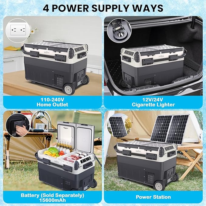 12 Volt Car Refrigerator, 53QT (50L) Dual Zone Portable Car Fridge, -4℉-68℉ Electric Cooler Dual Temp Control Cooling Freezer with Wheels, 12/24V DC and 100-240V AC for Travel, Camping, RV, Road, Home