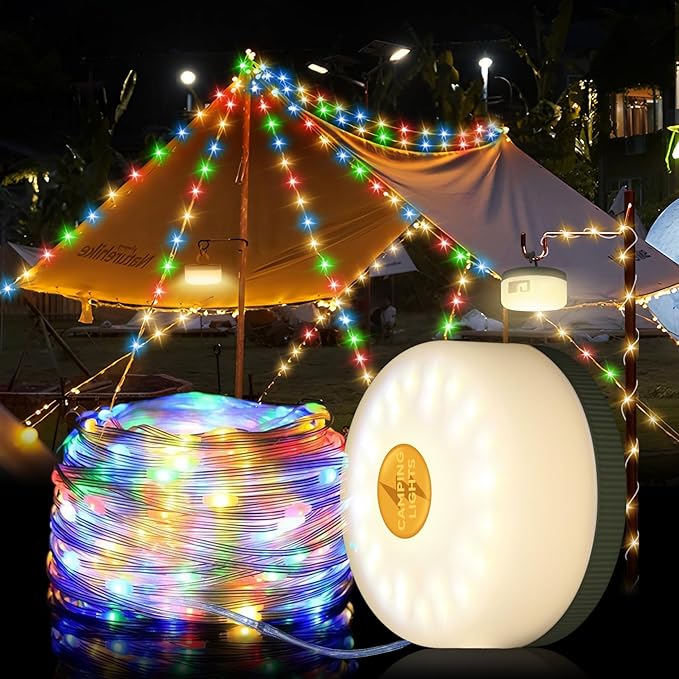 Camping String Lights Outdoor Multi-Color,1500mAh USB Portable Rechargable Camping Lights String 26.2FT with 5 Lighting Modes,Waterproof Camping Lantern String for Party&Halloween(Green)