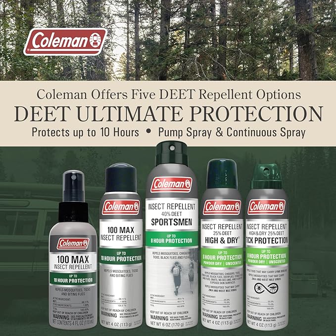 Coleman Insect Repellent Spray, 40% DEET, Protection Against Mosquitoes, Ticks, Chiggers, Biting Flies, Gnats, Fleas, Ideal for Camping, Hiking, Outdoors, 6oz Bottle