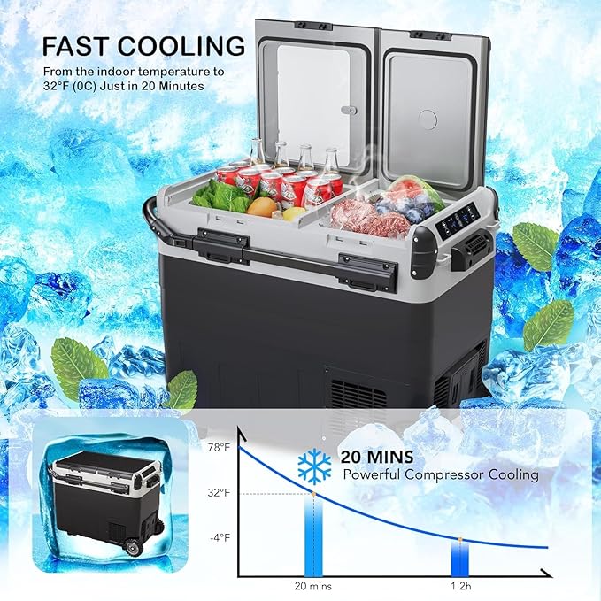 12 Volt Car Refrigerator, 53QT (50L) Dual Zone Portable Car Fridge, -4℉-68℉ Electric Cooler Dual Temp Control Cooling Freezer with Wheels, 12/24V DC and 100-240V AC for Travel, Camping, RV, Road, Home