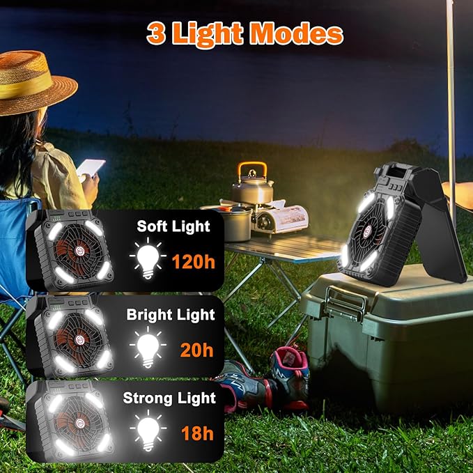 Solar Camping Fan with 10400mAh Built-in Rechargeable Battery,Dual-Power Outdoor Fan,Portable Fan with Timer,Phone Charging,LED Lantern,for Camping,Fishing,Power Outage,Hurricane(Black-Orange)