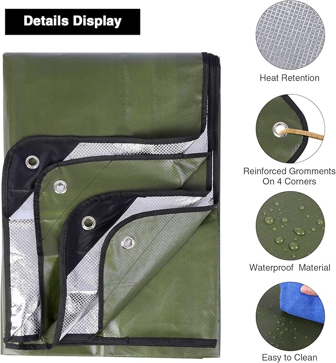 RedSwing Heavy Duty Survival Blanket, Waterproof Emergency Thermal Tarp, Multipurpose Reflective Insulated All Weather Blankets for Camping Hiking, Green
