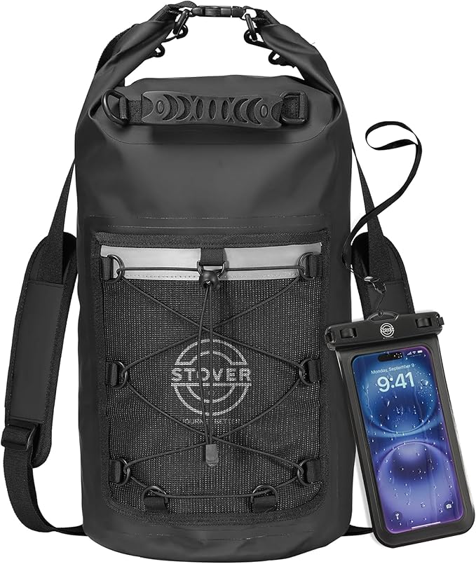 STOVER 5/10/25/30/40/55L Waterproof Dry Backpack & Phone Case- Medium Floating Dry Bag for Kayaking, Travel, Hiking, Fishing, Camping, Motorcycles & Beach, Heavy-Duty Roll Top Men/Women (Black)