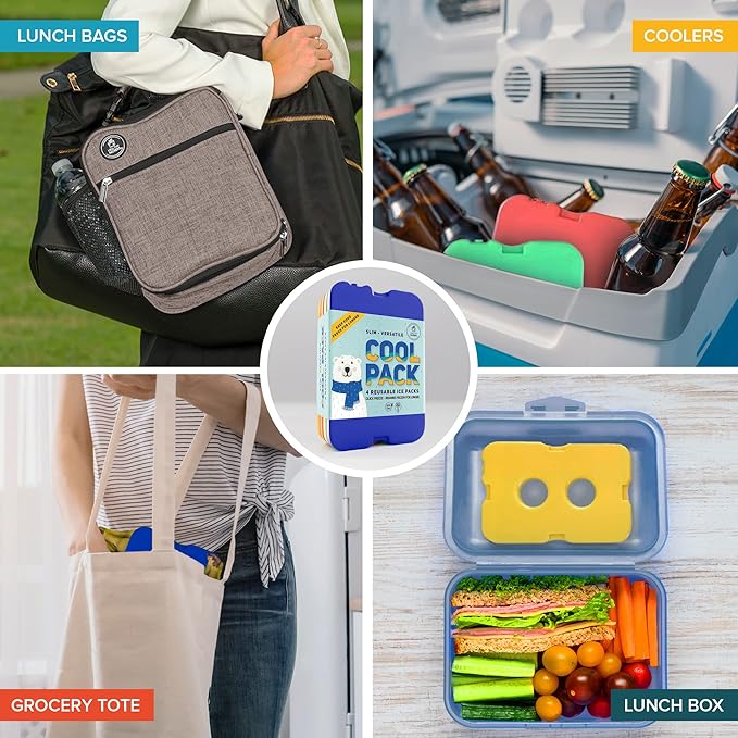 Healthy Packers Slim & Long-Lasting Reusable Ice Packs for Lunch Bags and Cooler Bags (Set of 4)