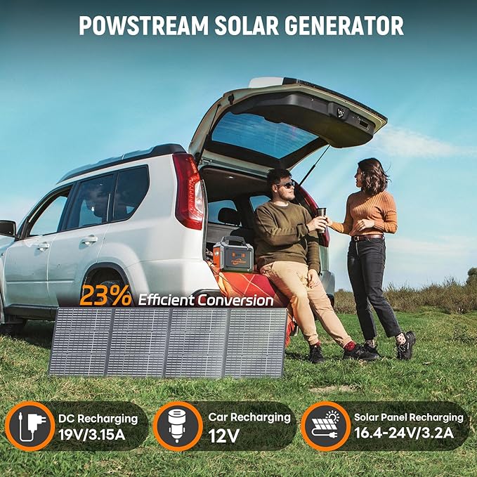 POWSTREAM 300W Solar Powered Generator 296Wh Portable Power Station with Solar Panel Foldable 60W Included, Battery Charger Power Bank with AC Outlet for RV Trip Camping Emergency Home Outage CPAP
