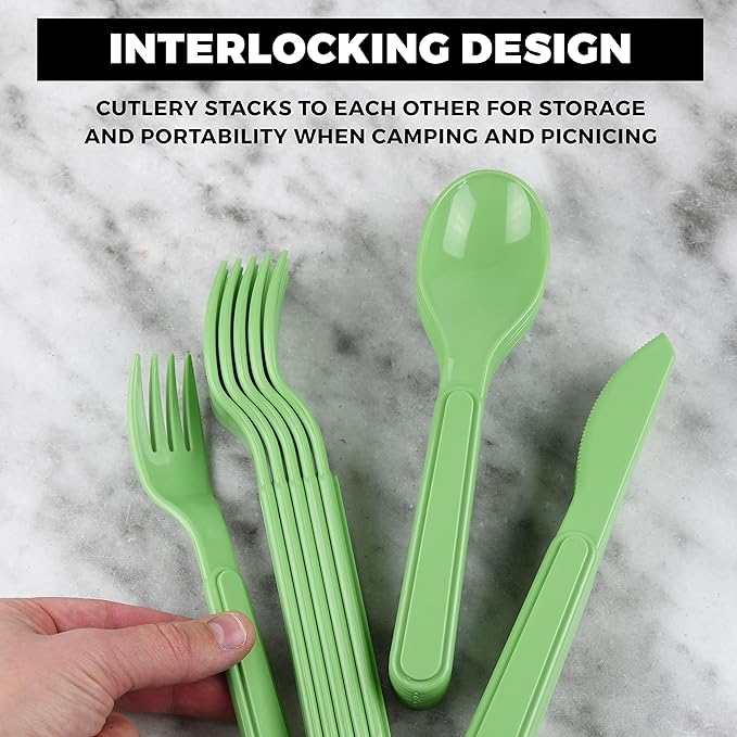 Tribello Camping Picnic Dishes Set with Case, 32 Plastic Reusable Cutlery - BPA Free, Microwave / Dishwasher Safe