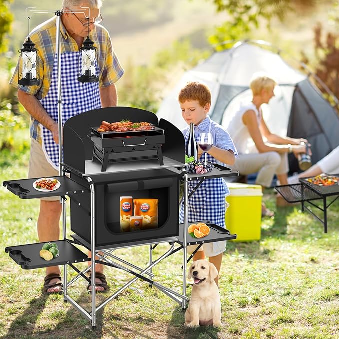 Camping Table, Aluminum Folding Camping Cook Station with Windshield, Upgrade Light Stand, Storage Bag, Quick Installation for Outdoor, Picnic, Cooking