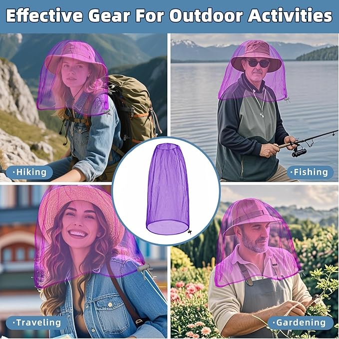 Oversized Mosquito Net 42 x 25 Inches Ultra Large Mosquito Head Net Face Neck Fly Mesh Netting Fits All Hats for Outdoor Camping Hiking Fishing Gardening Safari(Purple)