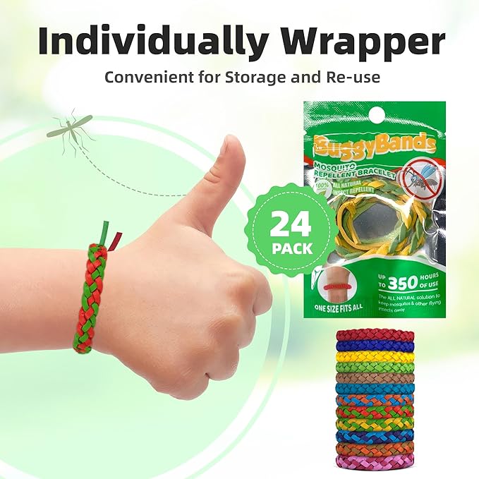 BuggyBand 18 Pack Mosquito Repellent Bracelets, DEET-Free Natural Bands, PU Leather Insect & Bug Repellent Wrist Bands for Kids & Adults, Individually Wrapped