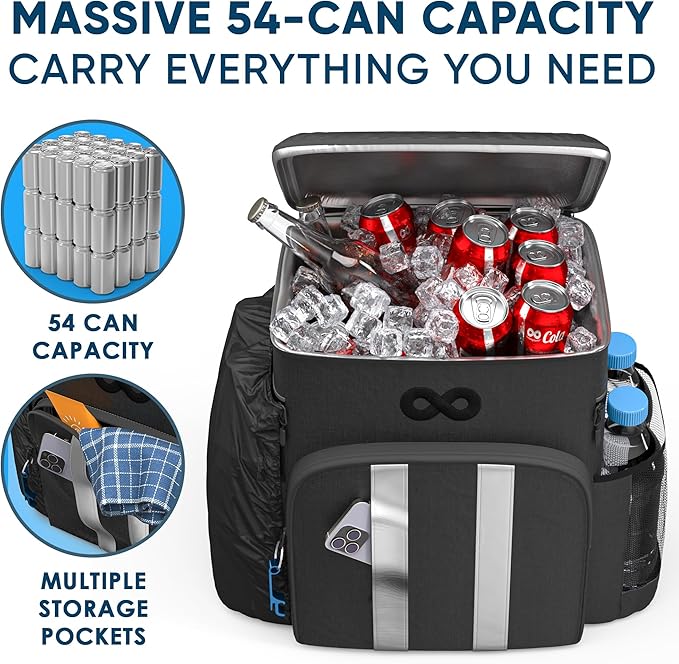 Everlasting Comfort Insulated Cooler Backpack - 54 Can, Leakproof Liner, Waterproof Zipper, Soft Backpack Cooler Bag for Men and Women - Beach, Picnic, Camping, Lunch