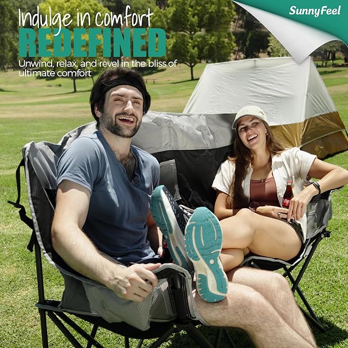 SUNNYFEEL Folding Double Camping Chair, Oversized Loveseat Chair, Heavy Duty Portable/Foldable Lawn Chair with Storage for Outside/Outdoor/Travel/Picnic, Fold Up Camp Chairs for Adults 2 People