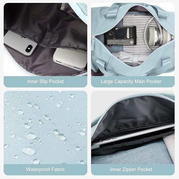 Gym Bag for Women & Men with Wet & Shoe Compartment, Small Duffle Bag for Travel, Sport, Gym, Workout, Overnight, Weekender, Carry-on - Light Blue