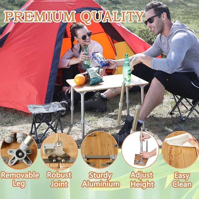 KingCamp Bamboo Folding Table Lightweight Camping Table with Adjustable Height Aluminum Legs 4-Fold Compact Small Portable Camp Tables for Travel RV Picnic Party Beach, 1-2 Person