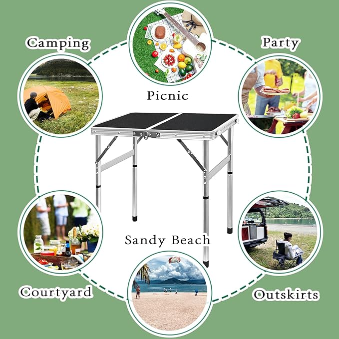 Aluminum Folding Small Table, Adjustable Height Lightweight Portable Camping Table for Picnic Beach Outdoor Indoor (Small) (BlackB)