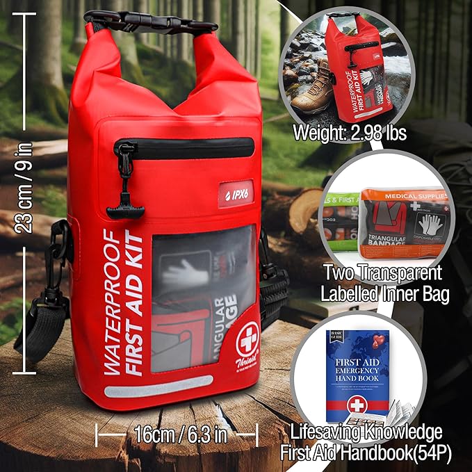 THRIAID 250 PCS Waterproof First Aid Kit, Roll Top Reflective Boat Dry Bag Bug Out Bag, Emergency Medical Kit Ideal for Boating, Camping, Fishing, Kayaking, Floating, Red