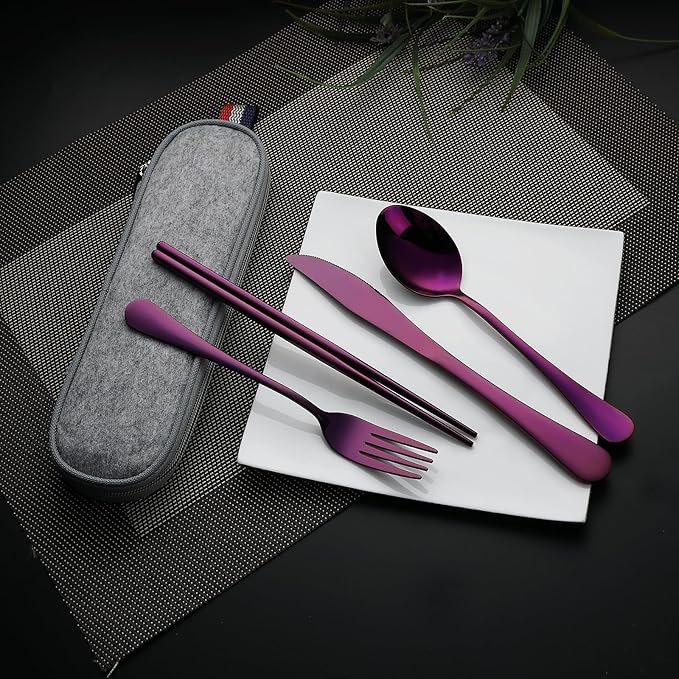 DEVICO Camping Utensils, Portable Travel Utensils with Case, Stainless Steel Reusable Silverware for Lunch Adult, 5Pcs Cutlery Set Includes Knife Spoon Fork Chopsticks and Case (Purple)