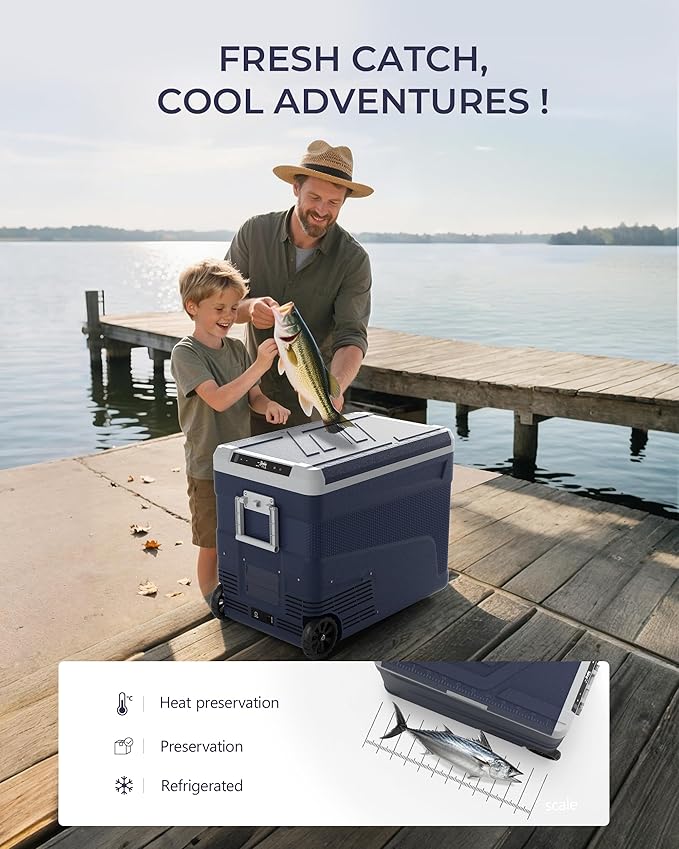 12 Volt Refrigerator Portable Fridge - 58 Quart(55L) Electric Cooler with Wheels, 12/24V DC & 100-240V AC, -4℉-68℉, APP Control, 12V Car Fridge for Camping, Boating, Truck, RV, Outdoor, Home
