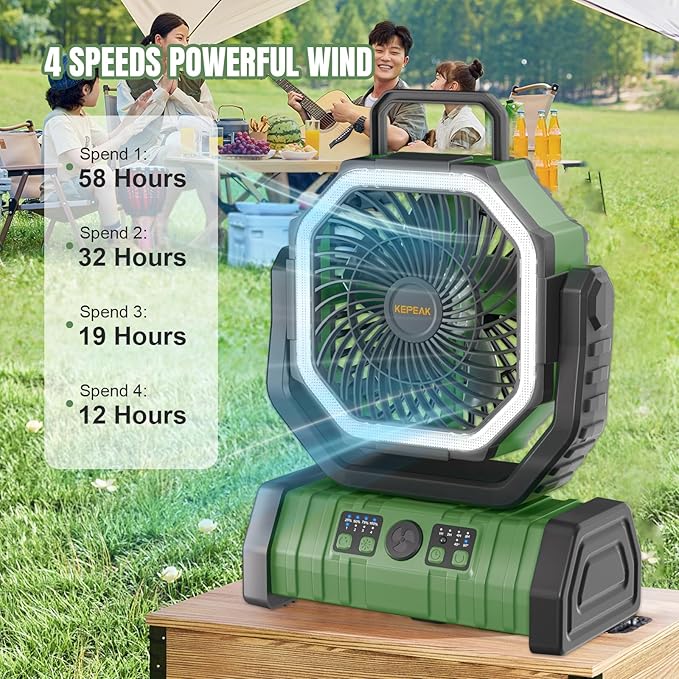 KEPEAK Rechargeable Camping Fan with LED Light, 20000Ah Battery Operated Powered Fan, 72H Runtime, Remote Control, 5.3m Airflow, Ultra-Quiet Portable Fan for Tents, Outdoor, Camping(Green)