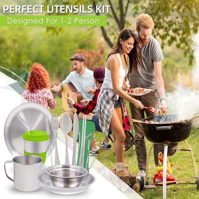 Camping Mess Kit Camping Plates Dishes Stainless Steel Camping Utensils Set Tableware Dinnerware with Bowls Cups Cutlery 1-2 Person for Backpacking, Hiking, Picnic, BBQ, RV Travel