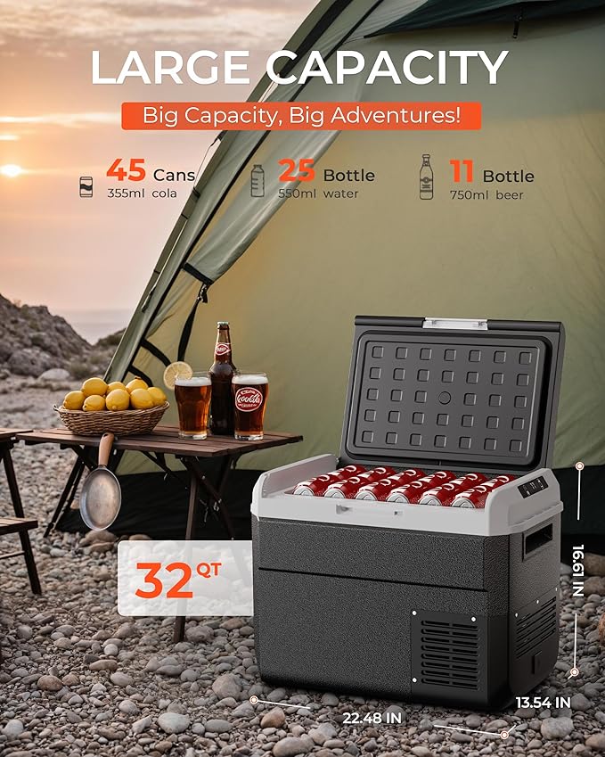 12 Volt Refrigerator, 32 Quart Electric Cooler, Car Fridge 12V/24V DC 100~240V AC, Portable Freezer -4℉~68℉, APP Control, Portable 12V Refrigerator Fridge for Truck, RV, Camping,Travel