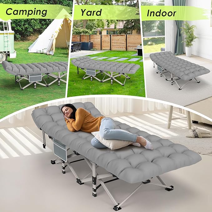 Suteck Camping Cot, Folding Camping Cot Bed for Adults Sleeping 1200D Double Layer Oxford Portable Folding Outdoor Cots for Camping W/Soft Pad Carry Bag for Home Office Nap Beach Travel, 500LBS,Grey