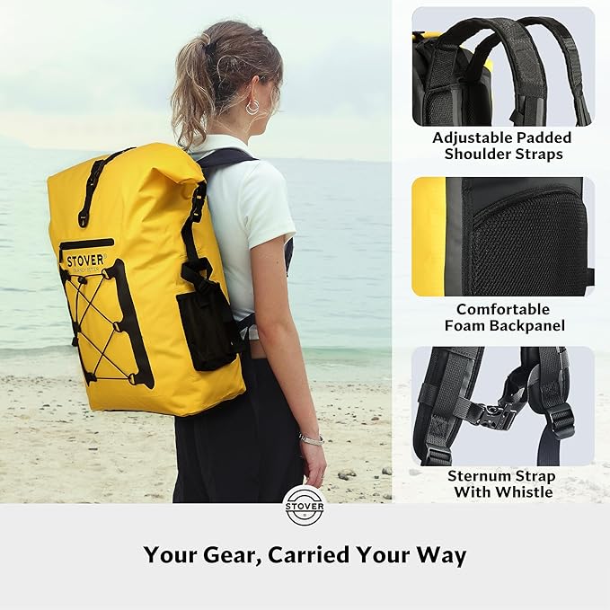 STOVER 5/10/25/30/40/55L Waterproof Dry Backpack- XL Floating Dry Bag for Kayaking, Travel, Tubing, Hiking, Fishing, Camping, Motorcycles, the Beach, Heavy-Duty Roll Top Men/Women (Yellow)