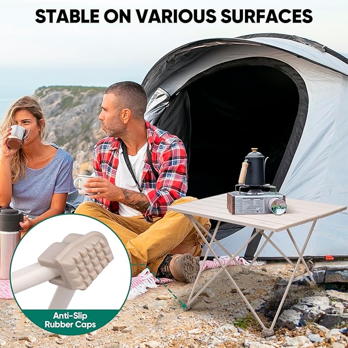 PTEROMY Folding Camping Table, Portable Beach Table with Ultralight Aluminum Tabletop for Travel, Outdoor, Camping, Picnics, and BBQs (Medium, Beige)