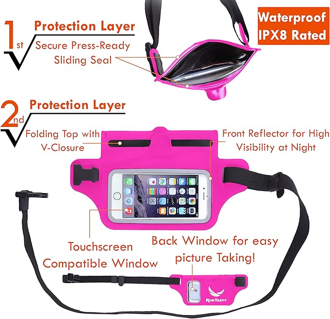 Ultimate Pink Waterproof Running Swimming Belt: Phone & Essentials Holder for Gym, Beach, Kayaking, Ski! Fits iPhone, Samsung - Touchscreen, IPX8 Rated Dry Waist Pouch - Adventure-Ready Performance!