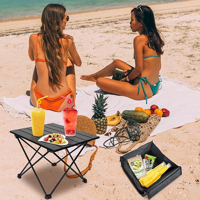 Foldable Camping Side Table, Ultralight Small Beach Aluminum, Portable Outdoor Table with Carry Bag and Storage for Picnic, Grill, Hiking, Fishing, Sand, Camping, Black