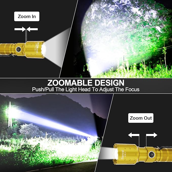 Flashlights High Lumens Rechargeable, 20000 Lumens Super Bright 1500 Meters Long Range Small Powerful Flashlight, 6 Modes LED Tactical Pocket Waterproof Flash Light for Home Emergency (2, Yellow Gold)