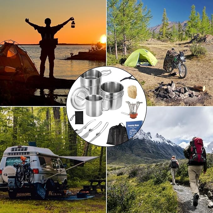 BeGrit Camping Cups Mugs Camping Pot Food Grade 304 Stainless Steel Outdoor Camp Cooking Cookware Set for Hiking Backpacking Hunting