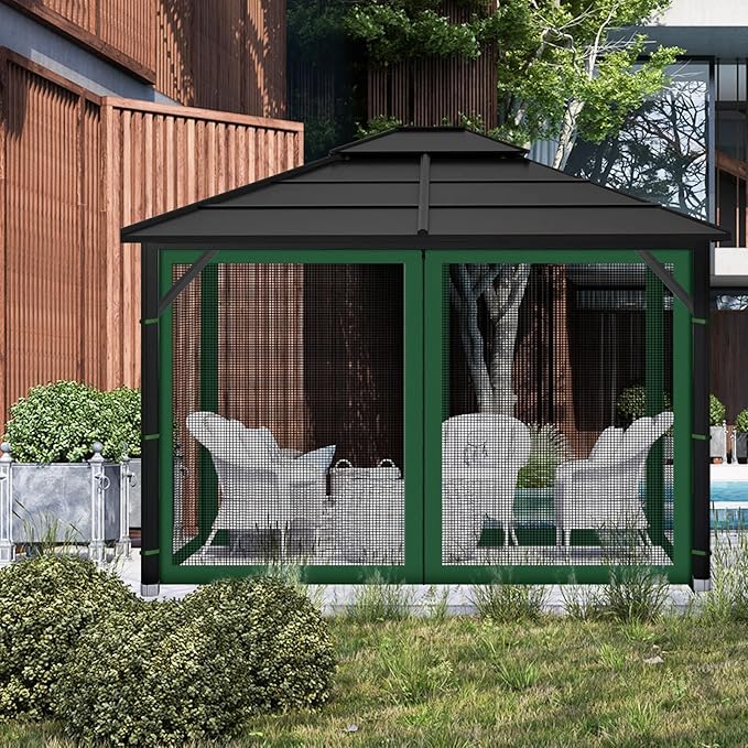 Gazebo Replacement Mosquito Netting Outdoor Universal Gazebo Canopy 4-Panels Screen Sidewalls with Zipper for Patio Garden (Green, 10x12)