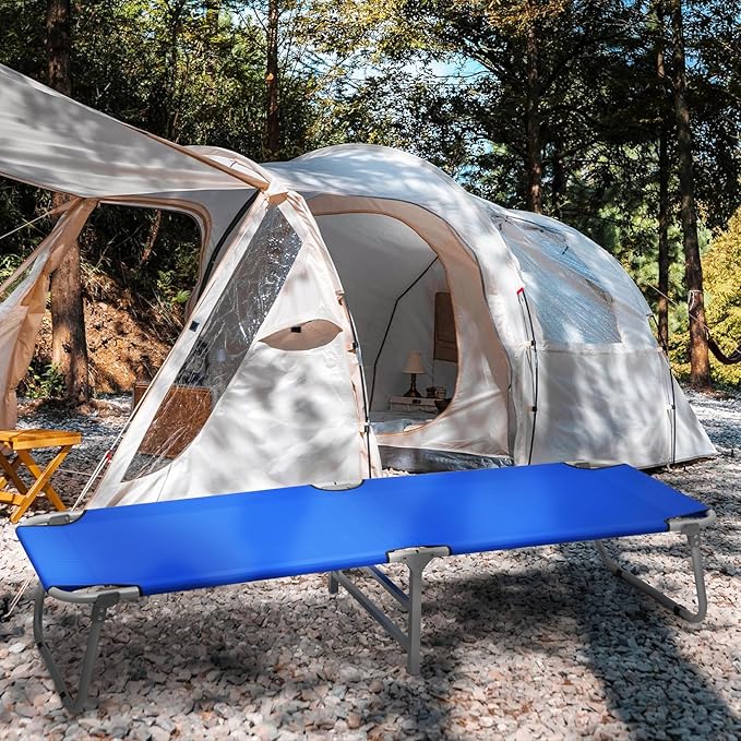 MoNiBloom Lightweight Folding Camping Cot Bed, Ultralight Folding Portable Compact Cots for Outdoor Travel Base Camp Hiking Mountaineering Lightweight Backpacking, Weight Capacity 195 lbs, Blue