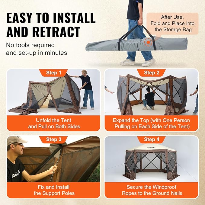 VEVOR Pop Up Gazebo Screen Tent 6 Sided Canopy Sun Shelter with 6 Removable Privacy Wind Cloths & Mesh Windows, 12.5x12.5FT Quick Set Screen Tent with Mosquito Netting, Brown