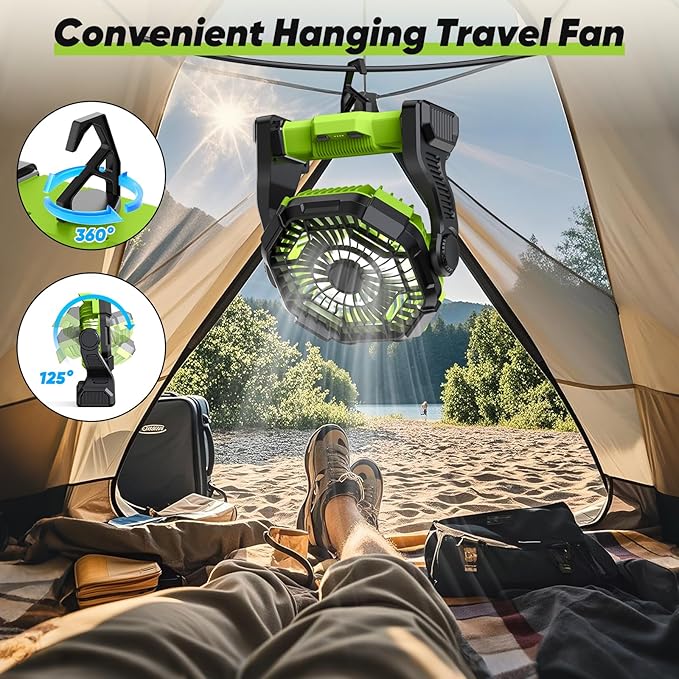 Battery Powered Fan Rechargeable, Real 10000mAh Portable Camping Fans for Tents, 10-Inch Cordless Battery Fans with LED Lights, Quiet Outdoor Fan for Travel, Hurricane, Power Outage, Green