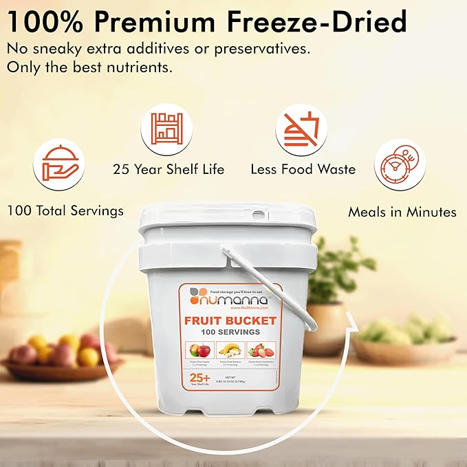 Numanna Freeze-Dried 6 Fruit Bucket – 600 Servings | Apples, Bananas, Strawberries | Healthy Snack for Everyday, Emergency & Survival Use | Durable Packaging | 25+ Year Shelf Life | Made in USA