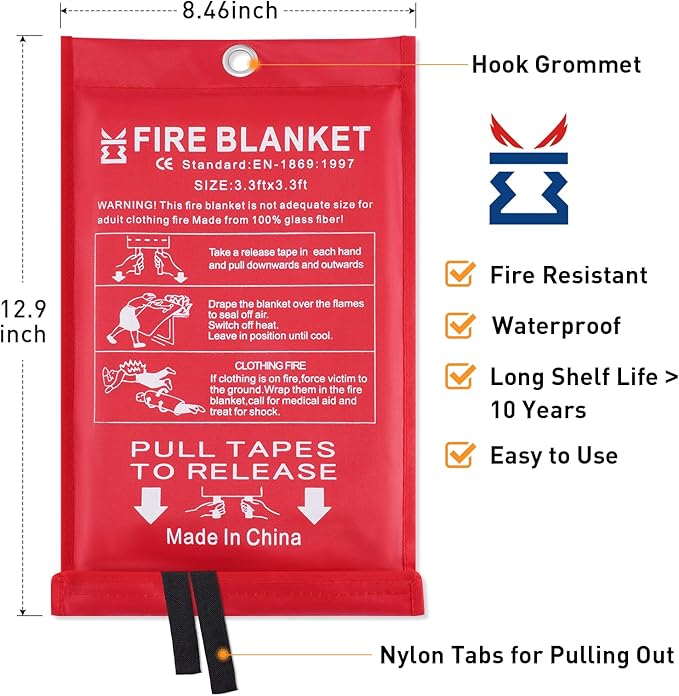 KITOSUN Fire Blanket for Kitchen Home Emergency - Fiberglass Blankets Fire Survival Suspension Flames Retardant Extinguisher Great for Stove Car Garage Office Camping Caravan BBQ Safety (1-Pack)