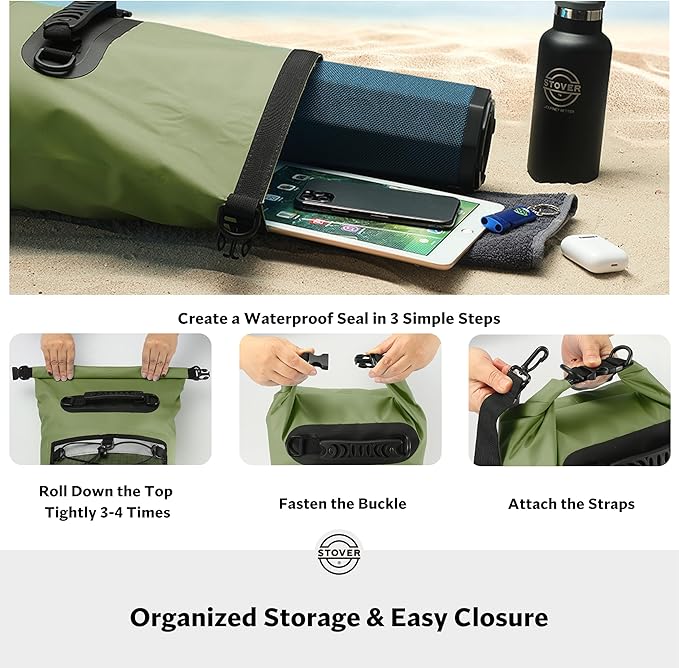 STOVER 5/10/25/30/40/55L Waterproof Dry Backpack- Medium Floating Dry Bag for Kayaking, Travel, Tubing, Hiking, Fishing, Camping, Motorcycles & Beach, Heavy Duty Roll Top Men/Women (Green)