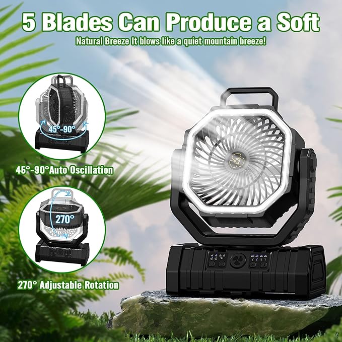 20000mAh Portable Camping Fan with LED Light, Rechargeable Battery Powered Oscillating Fan with Remote & Hook,Timer, 65HRS Running, 4-Speed for Travel, Tent, Room, Car, Picnic, Fishing-Black