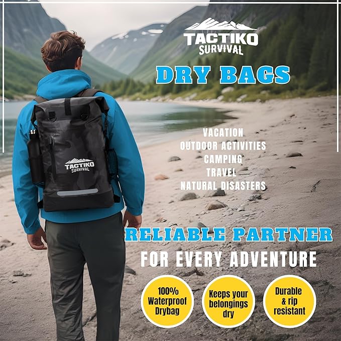 TACTIKO 30L Heavy-Duty 100% Waterproof Backpack, Roll Top Dry Bags for Kayaking, Hiking, Camping, Survival