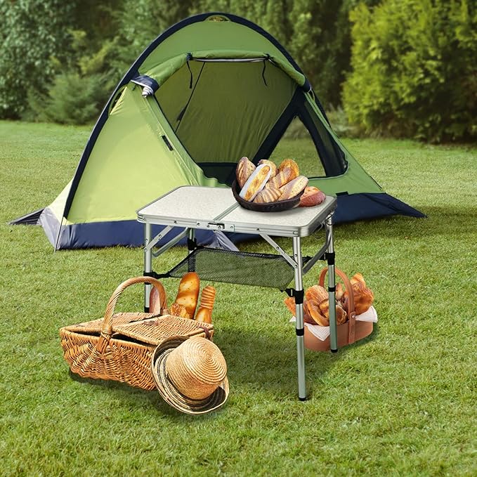 Adjustable Height Camping Table with Mesh Layer, 23.6" x 15.7" Portable Folding Camp Tables with Aluminum Legs for Outdoor Camp, Picnic, Beach, Backyard, Tailgate Cooking, 3 Heights…