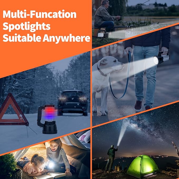 Superbright Handheld LED Spotlight Flashlight Powerful Searchlight USB Rechargeable Lantern Waterproof Tactical Torch Portable 6 Light Modes Side Floodlight (Yellow Light)