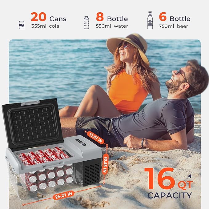 12 Volt Refrigerator Portable Fridge - 16Quart(15L) Electric Cooler Compressor fridge -4℉~68℉, 12/24V DC & 100-240V AC Car Refrigerator for Camping, RV, Fashing, Travel, Home